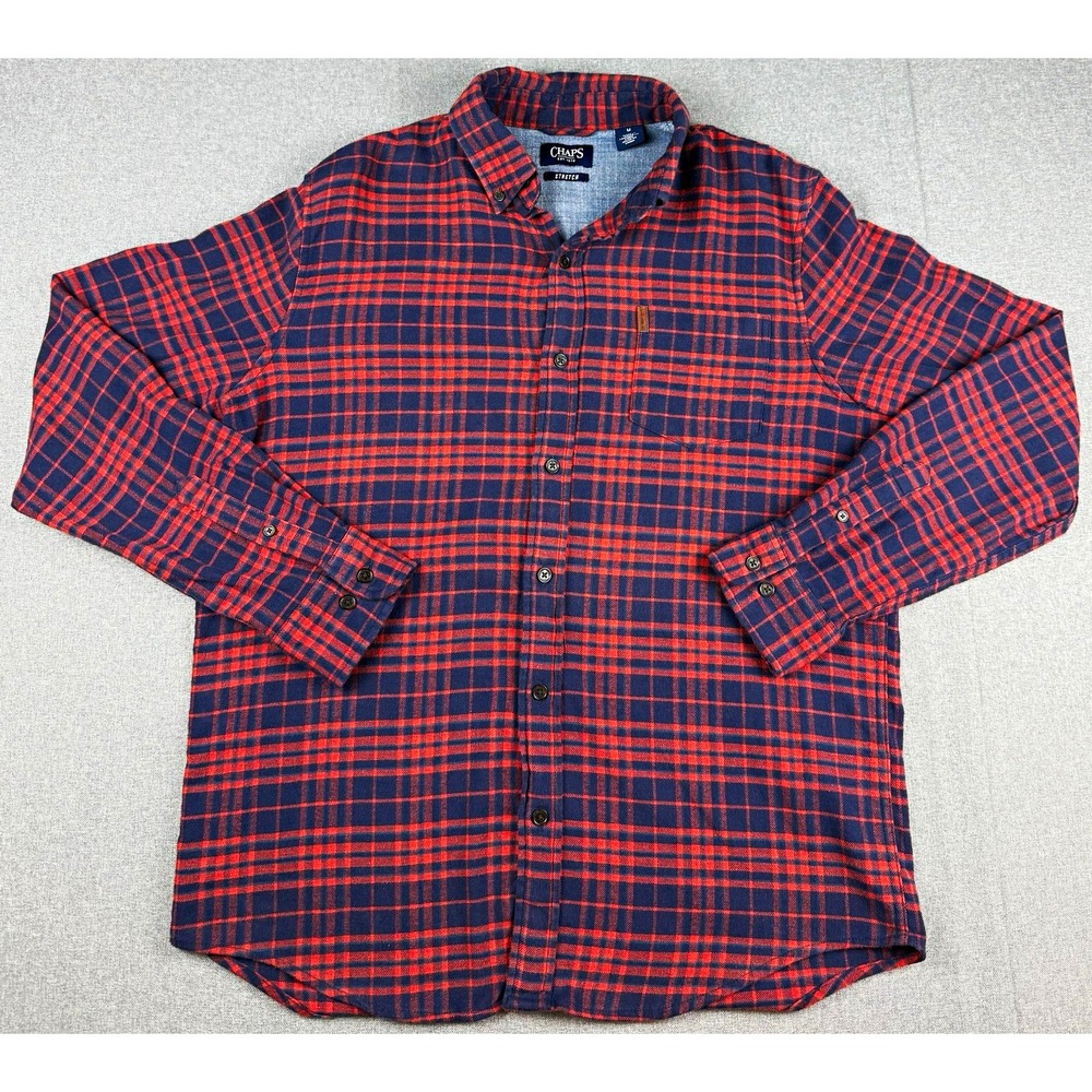Chaps Mens M Flannel Shirt Red Navy Plaid Stretch Long Sleeve Button Down